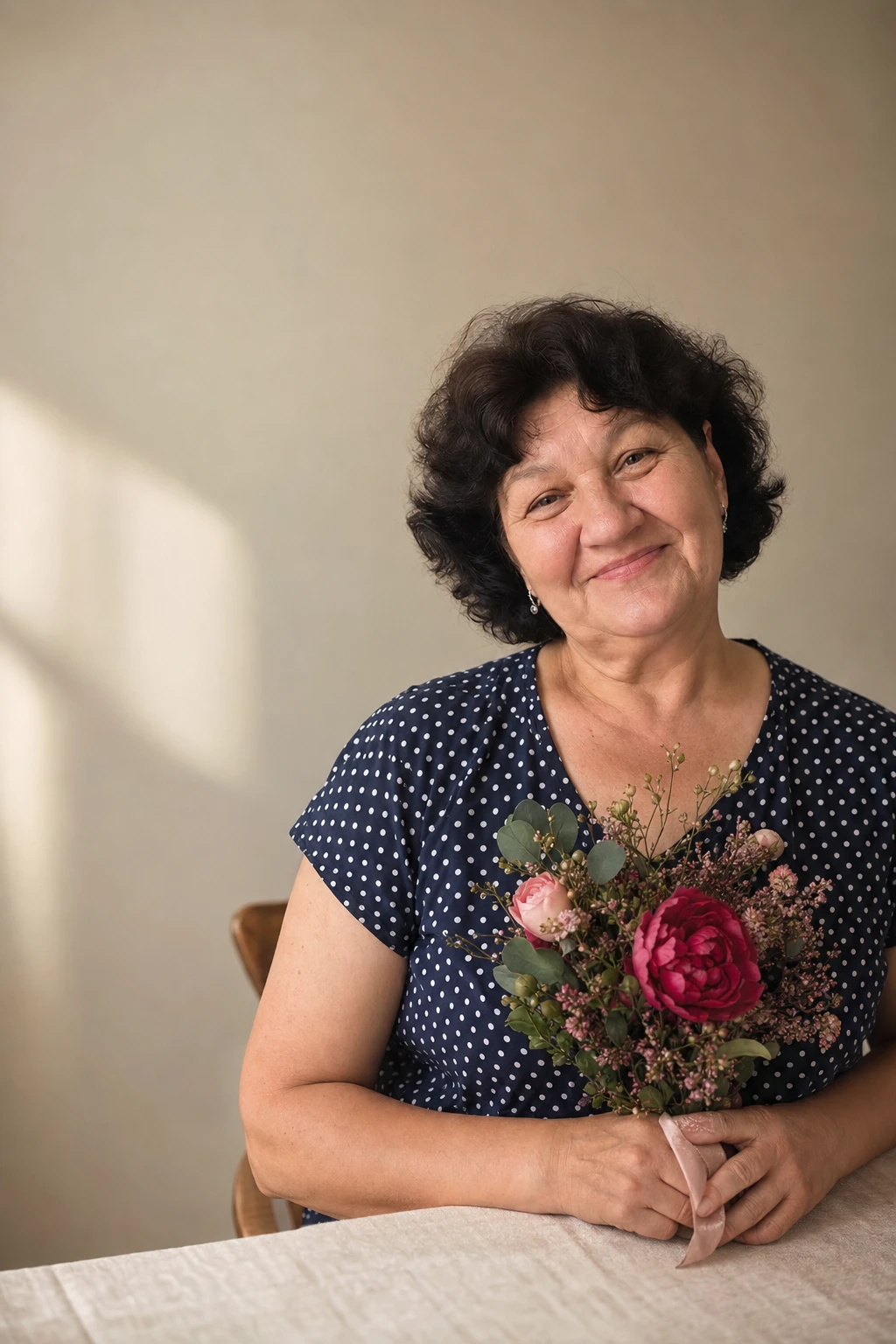Та сама жінка за святковим столом з тортом і квітами, напис «З Днем народження, мамо!».