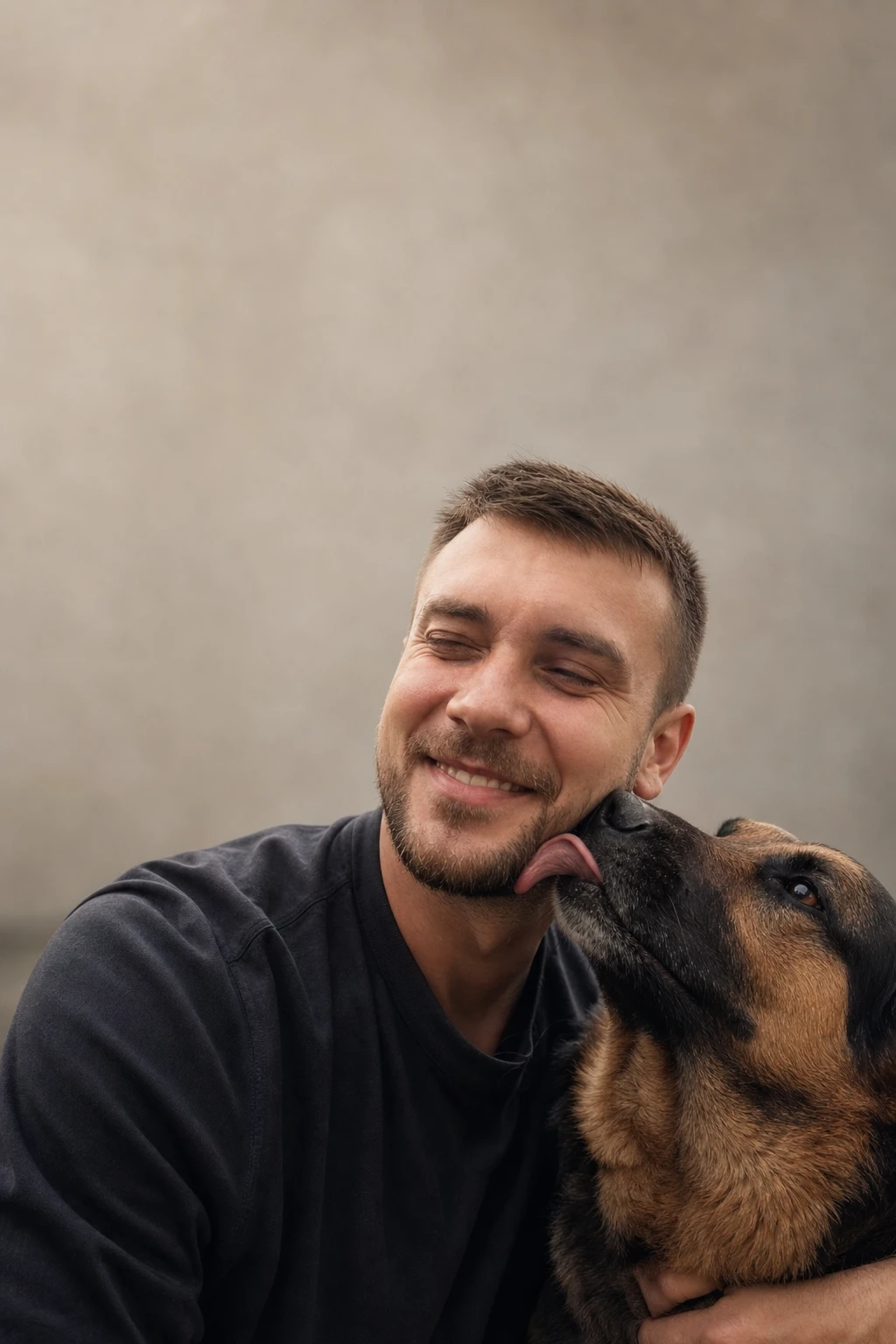 Той самий чоловік і собака у святкових ковпаках з тортом, напис «З Днюхою, Андрію!».